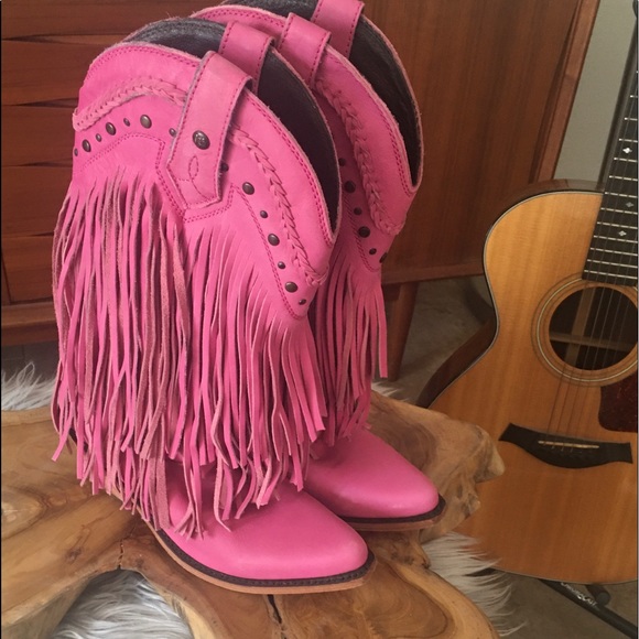 LIBERTY Black Shoes - LIBERTY Black Pink Fringe Heeled Western Boots